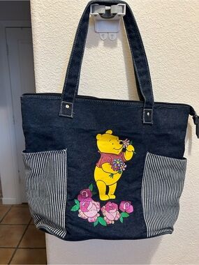 Vintage Disney Winnie the Pooh Navy Denim Tote Bag with Floral Print Y2K